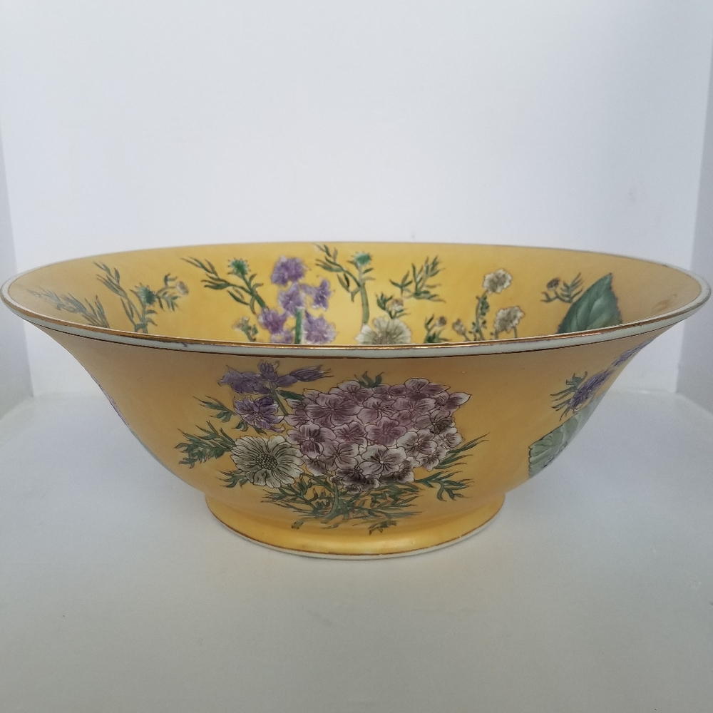 Vtg Oriental Accent Large Porcelain Bowl 13” Decorative Floral Yellow - Picture 6 of 12